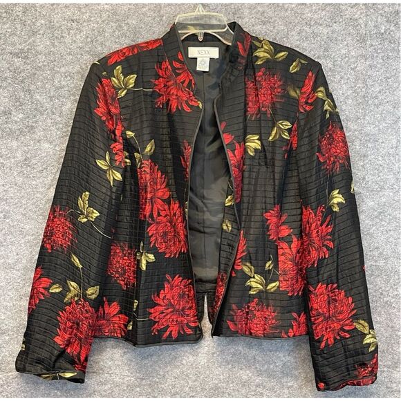 NEXX Women’s Jacket XL Black Red Floral Silk Linen Blend Open Front Quilted - Picture 1 of 11